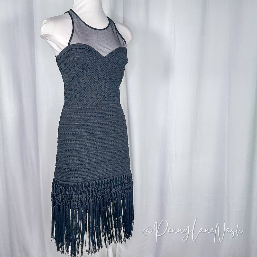 Parker Gabe Black Fringe Fitted Body Con Bandage Flapper Dress - Picture 3 of 15